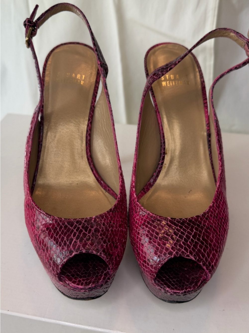 Stuart Weitzman Fuchsia Snakeskin Peep-Toe Slingback Heels
